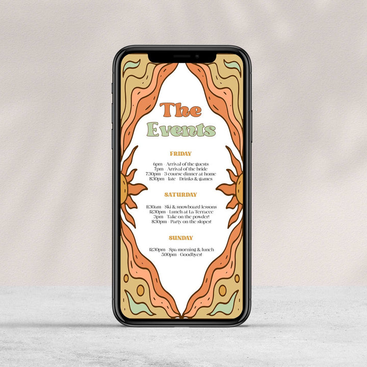 60s Gypsy Boho-inspired editable bachelorette itinerary is the perfect way to add a touch of free-spirited charm to your special day