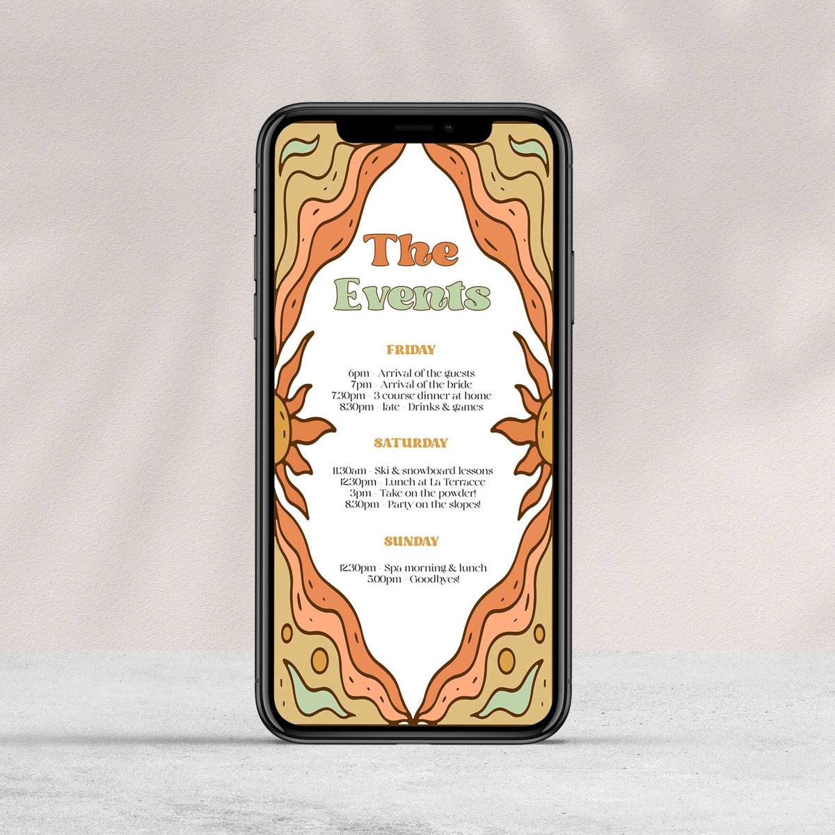 60s Gypsy Boho-inspired editable bachelorette itinerary is the perfect way to add a touch of free-spirited charm to your special day
