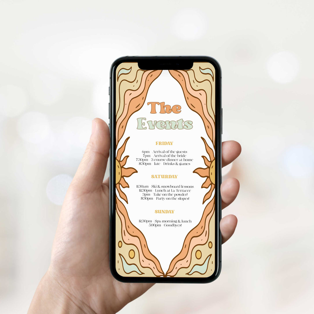 60s Gypsy Boho-inspired editable bachelorette itinerary is the perfect way to add a touch of free-spirited charm to your special day