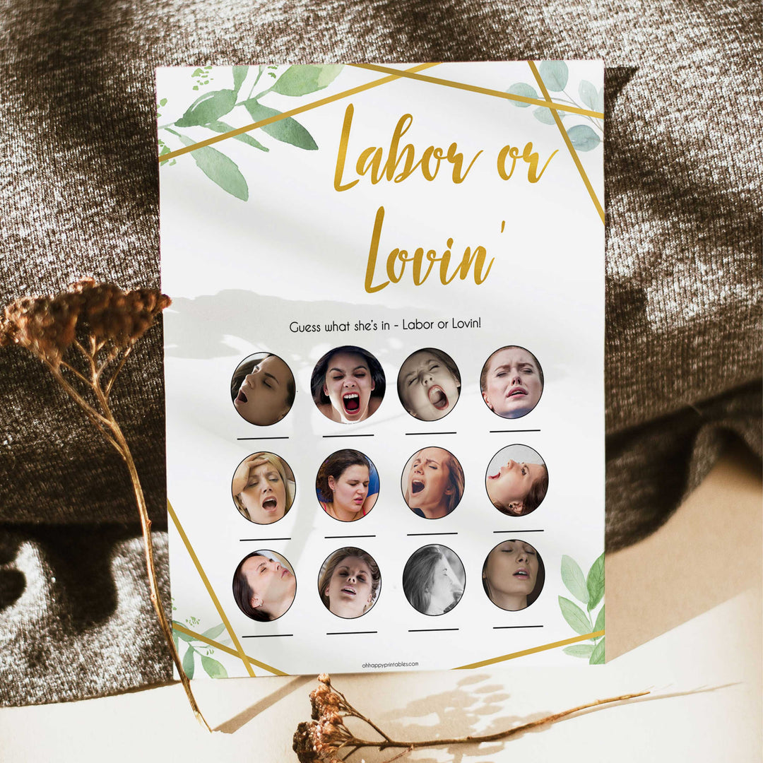 gold geometric Labour or lovin baby shower games, printable baby shower games, fun baby games, popular baby games, gold baby games