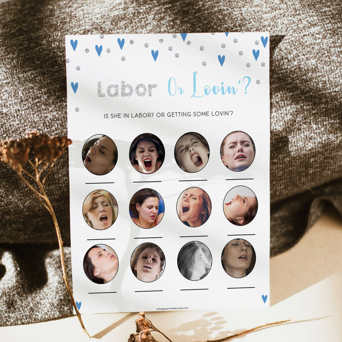 Labor or lovin game, Printable baby shower games, small blue hearts fun baby games, baby shower games, fun baby shower ideas, top baby shower ideas, silver baby shower, blue hearts baby shower ideas