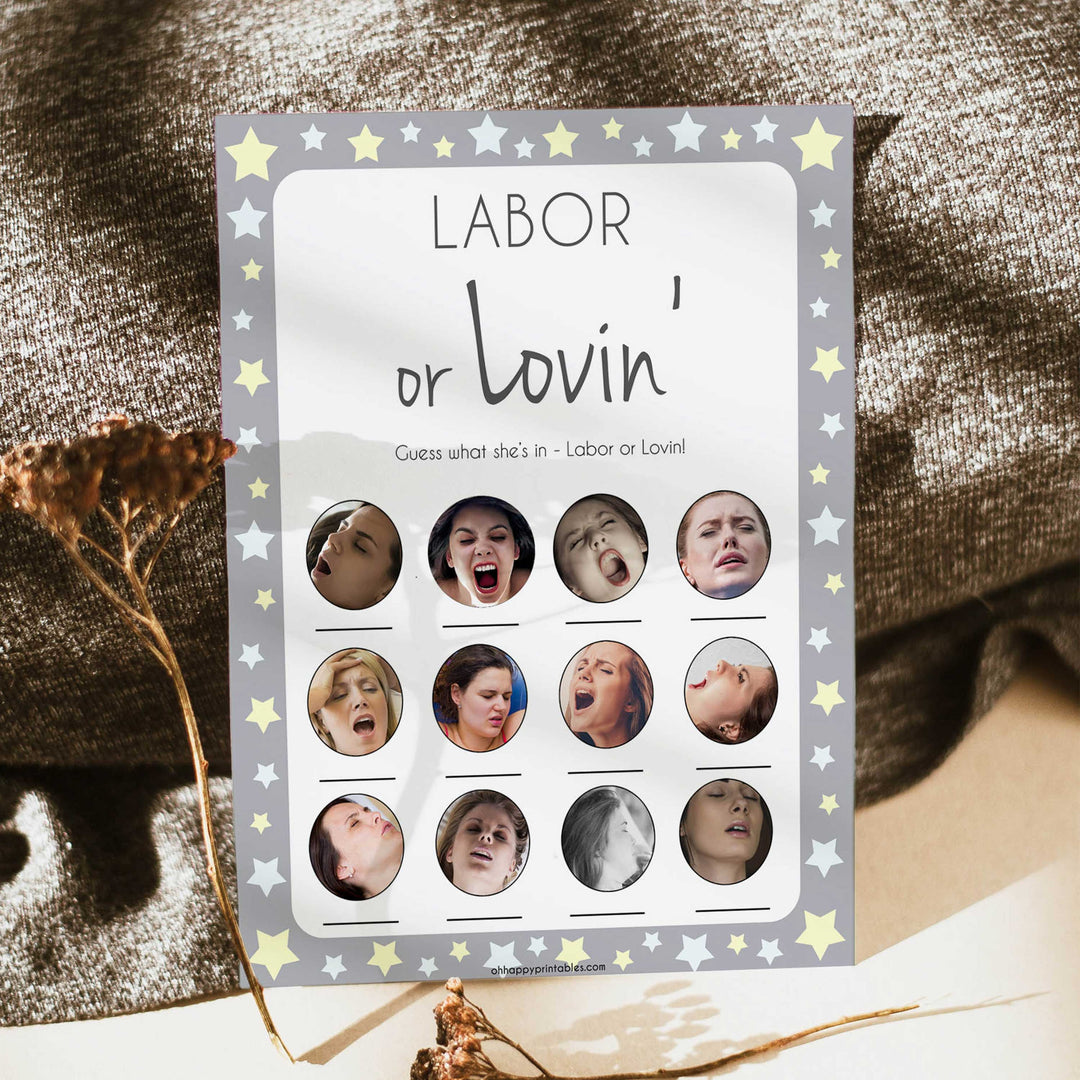 Labour or Lovin Game, Grey Yellow Star Baby Shower Games, Grey Labour or Lovin, Lovin or Labour, Printable Baby Game Porn or Labour Game, fun baby shower games, popular baby shower games