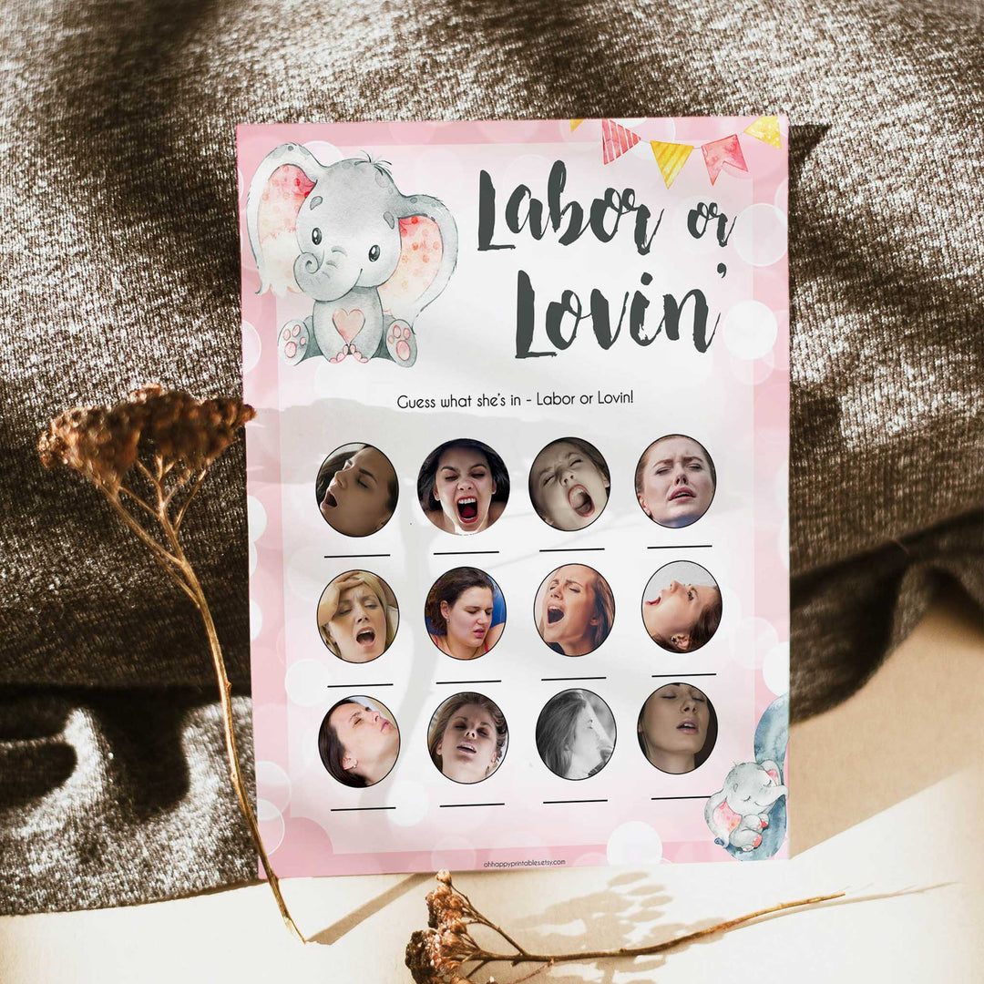 pink elephant baby games, labour or lovin, labor or lovin baby shower games, printable baby shower games, baby shower games, fun baby games, popular baby games, pink baby games