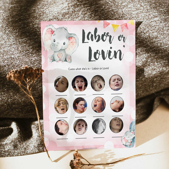pink elephant baby games, labour or lovin, labor or lovin baby shower games, printable baby shower games, baby shower games, fun baby games, popular baby games, pink baby games