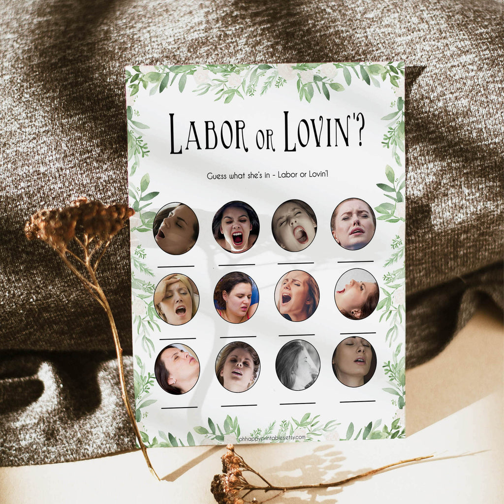 Labour or Lovin Baby Shower Game - Printable Greenery Baby Shower Games ...