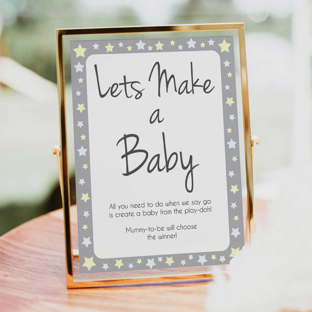grey & yellow stars, lets make a baby, printable baby shower games, fun baby games, top baby shower games, star baby games, little star baby shower