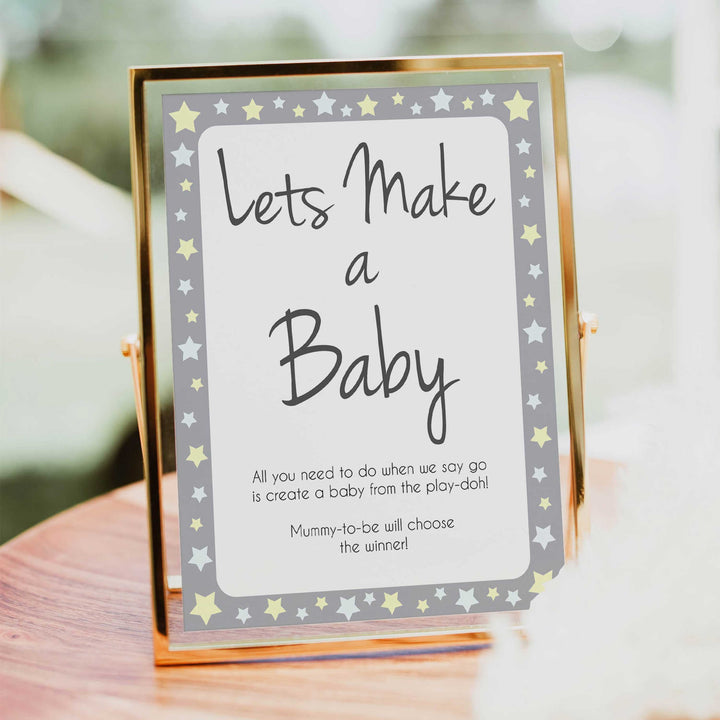 grey & yellow stars, lets make a baby, printable baby shower games, fun baby games, top baby shower games, star baby games, little star baby shower