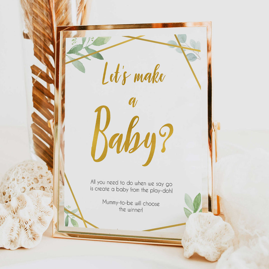 lets make a baby game, make a baby, Printable baby shower games, geometric fun baby games, baby shower games, fun baby shower ideas, top baby shower ideas, gold baby shower, blue baby shower ideas