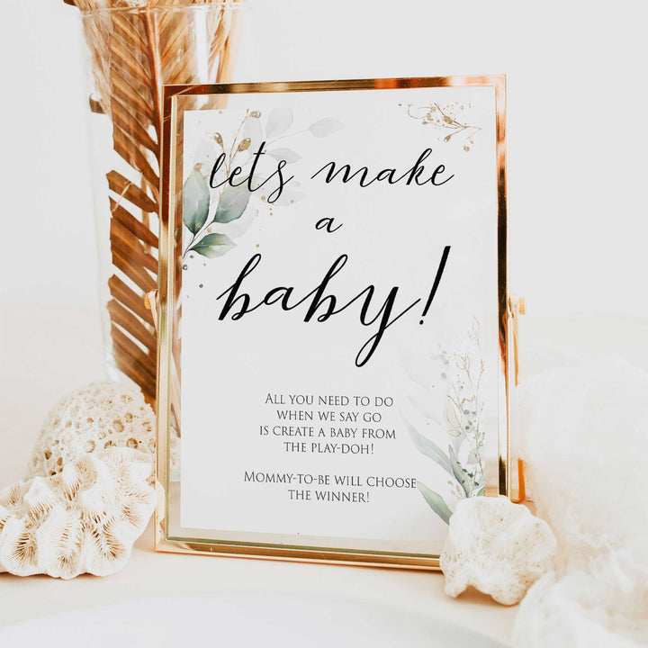 Gold green leaf baby games, lets make a baby, printable baby games, fun baby games, top baby games to play, gold leaf baby shower, greenery baby shower ideas