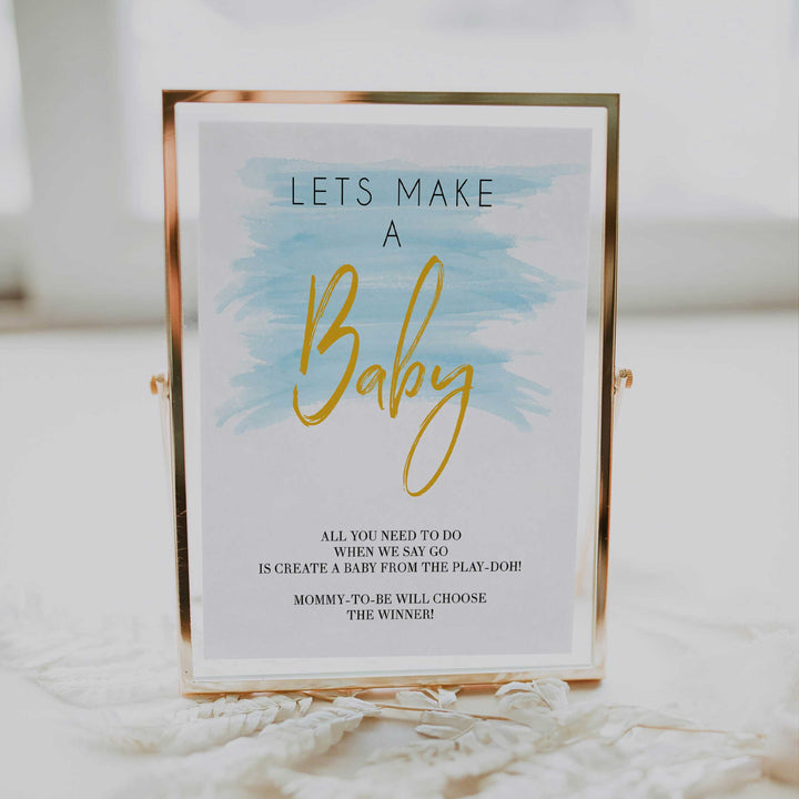 lets make a baby game, printable baby games, fun baby shower ideas, blue baby shower games, blue watercolor baby shower