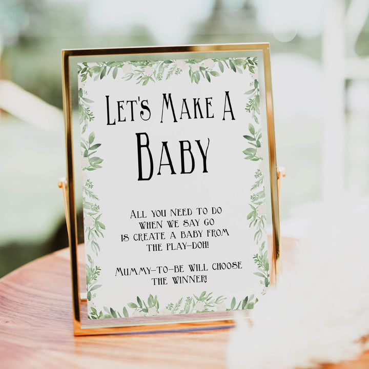 lets make a baby game, baby play doh game, Printable baby shower games, greenery baby shower games, fun floral baby games, botanical baby shower games,