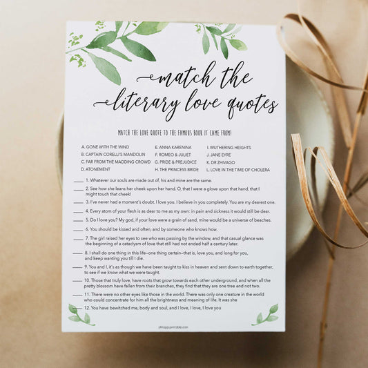 match the literary love quotes, greenery bridal shower, fun bridal shower games, bachelorette party games, floral bridal games, hen party ideas