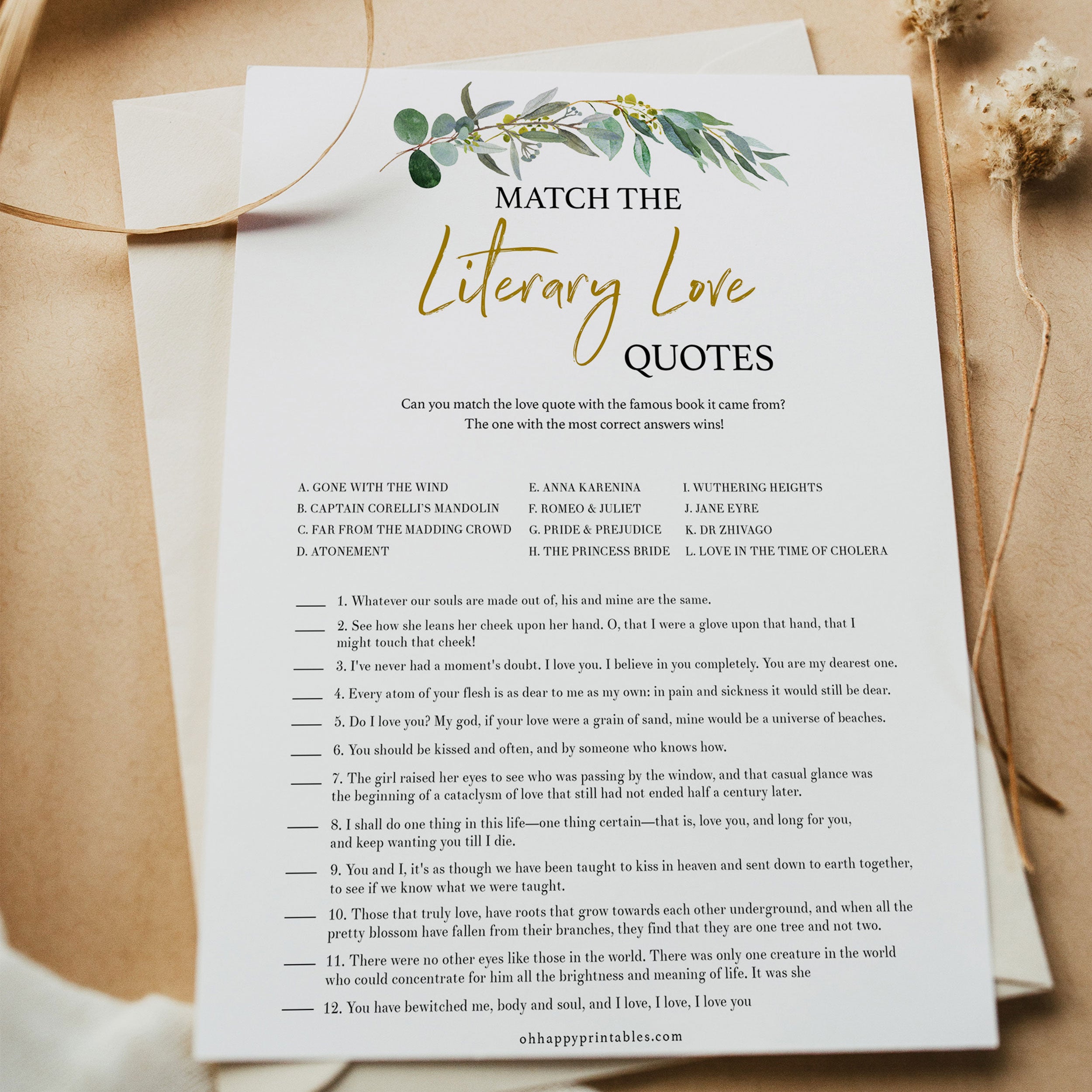 match the literary love quotes, Bridal shower games, printable bridal shower games, eucalyptus greenery bridal games