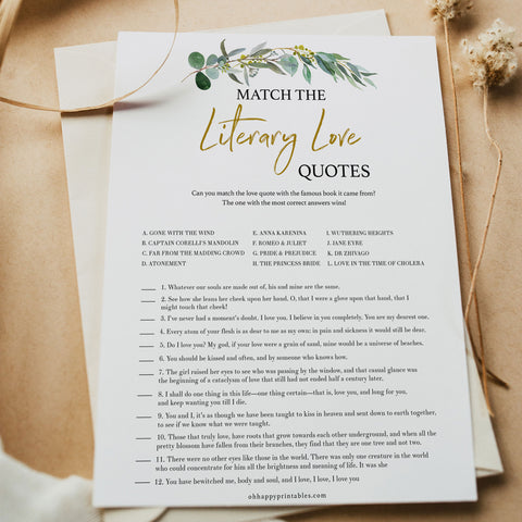 match the literary love quotes, Bridal shower games, printable bridal shower games, eucalyptus greenery bridal games