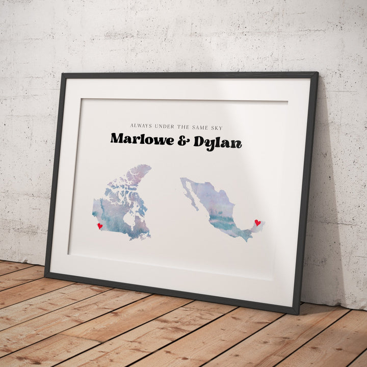 Custom Love Map Printable, Long Distance Relationship Map, Long Distance Family Gift, Couples Gift, Two Locations Love Map, Christmas Gift