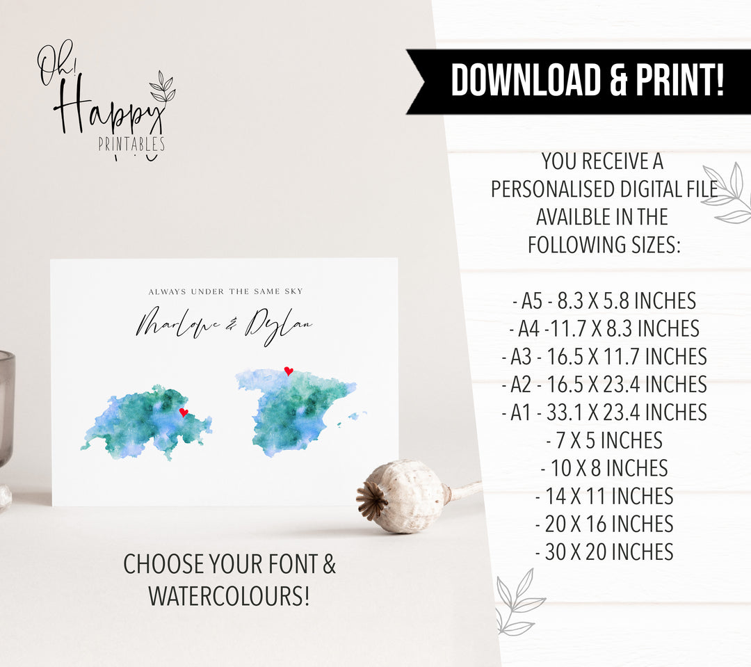 Custom Love Map Printable, Long Distance Relationship Map, Long Distance Family Gift, Couples Gift, Two Locations Love Map, Christmas Gift