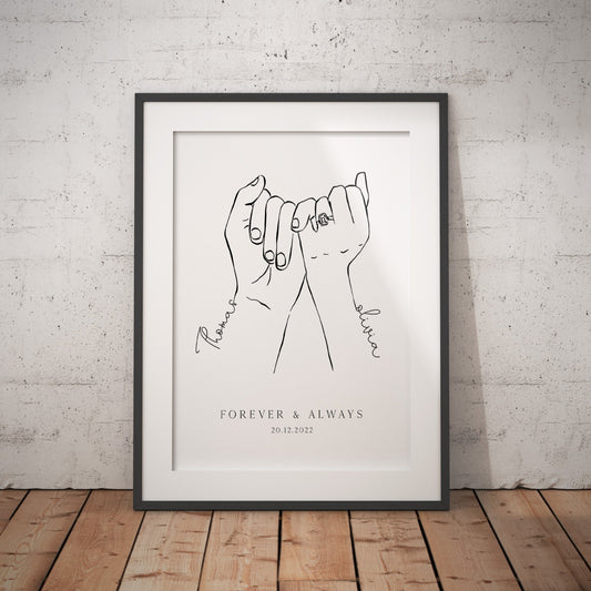 couples engagement hands, engagement gifts, couple holding hands in line art style, personalised engagement gifts