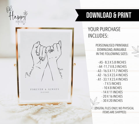 couples engagement hands, engagement gifts, couple holding hands in line art style, personalised engagement gifts