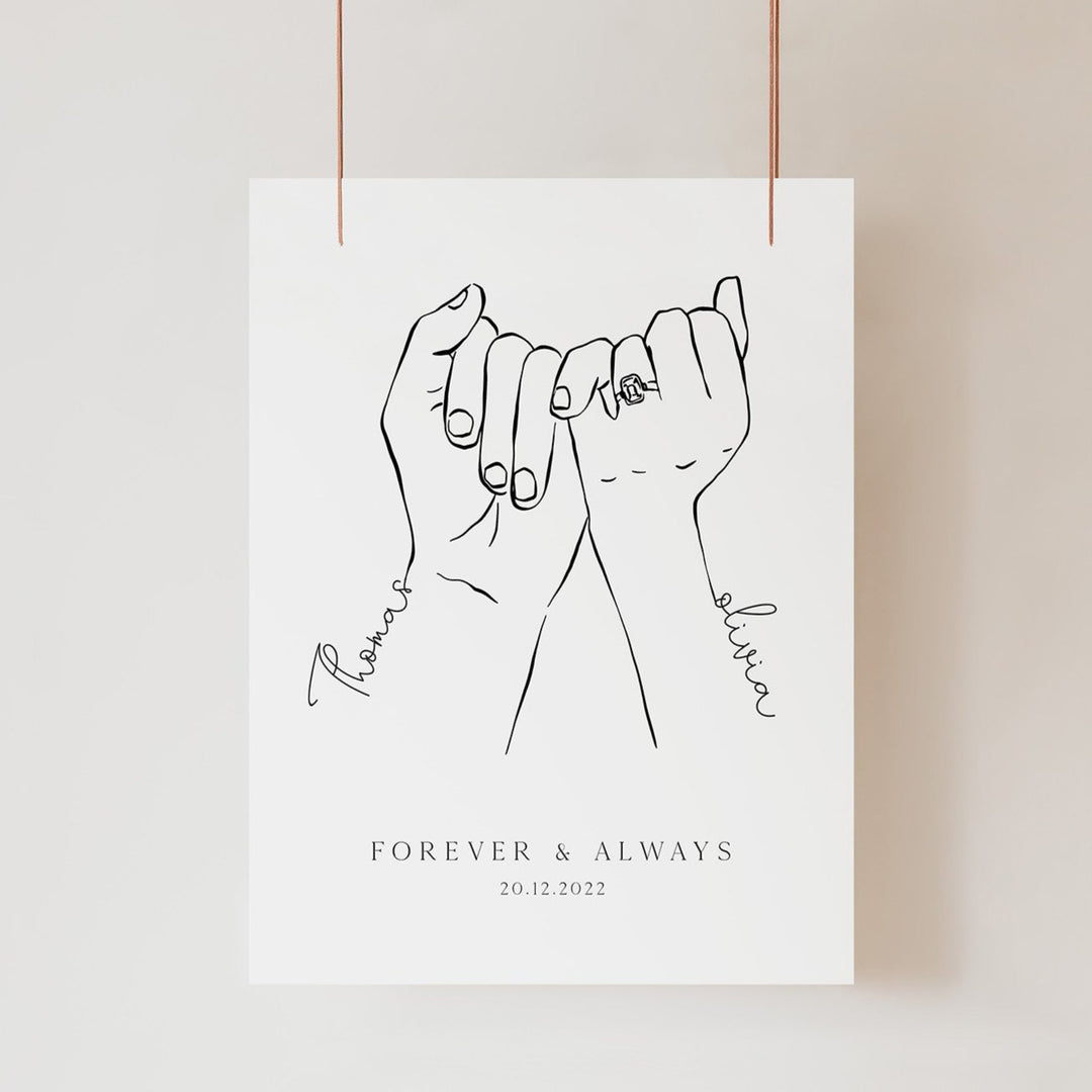 couples engagement hands, engagement gifts, couple holding hands in line art style, personalised engagement gifts
