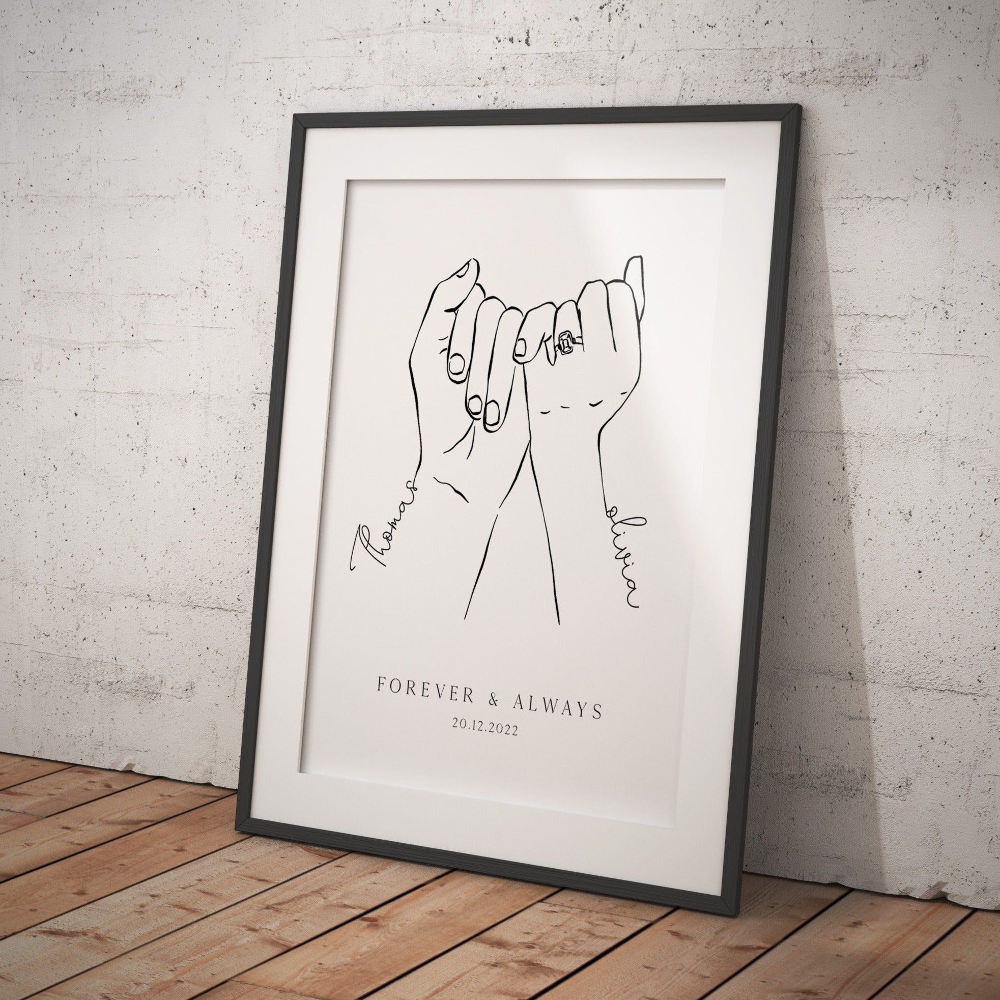 couples engagement hands, engagement gifts, couple holding hands in line art style, personalised engagement gifts