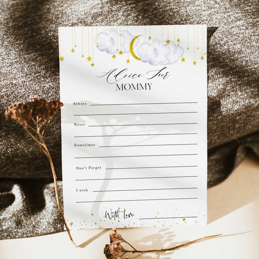 Fully editable and printable baby shower advice for mommy game with a little star design. Perfect for a Twinkle Little Star baby shower themed party
