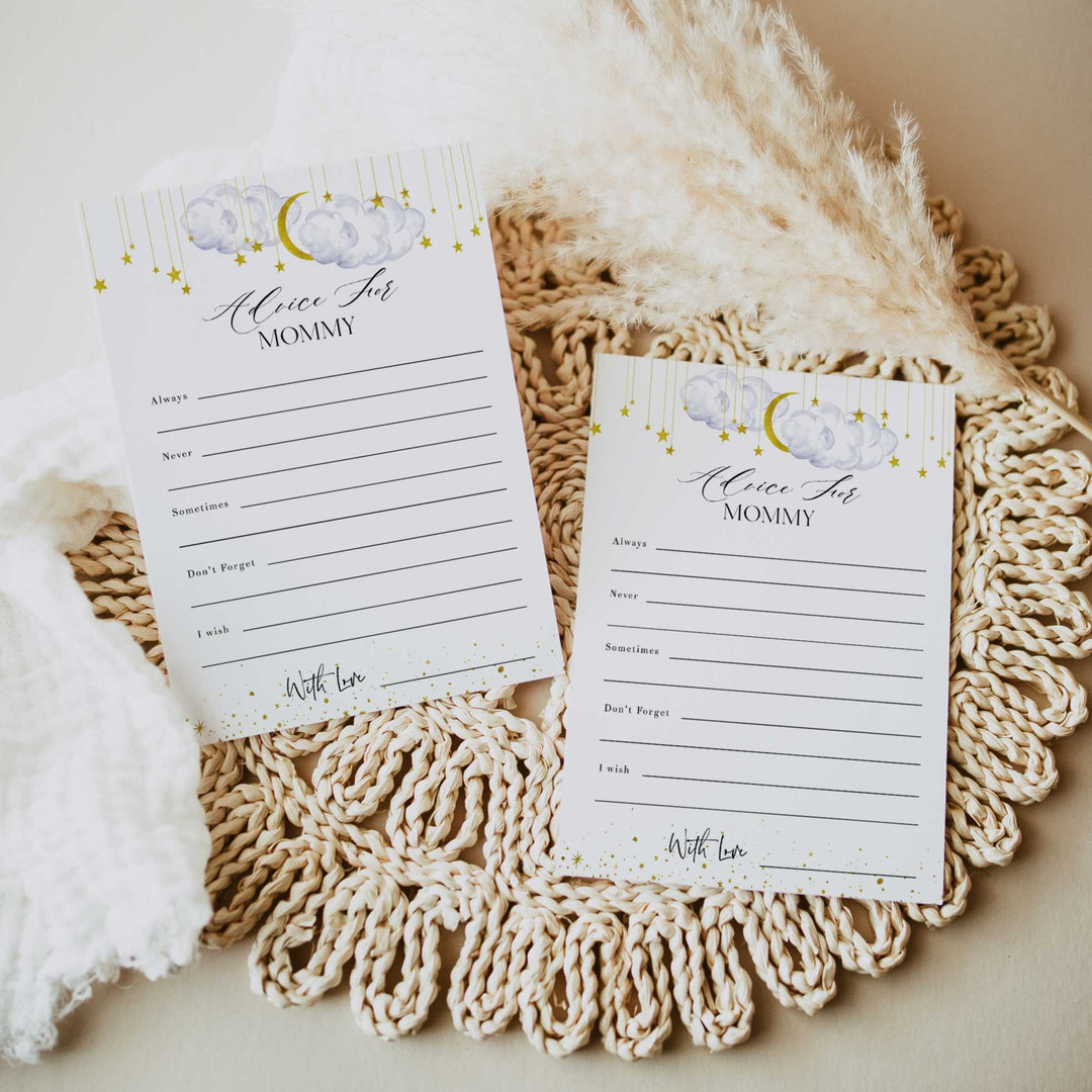 Fully editable and printable baby shower advice for mommy game with a little star design. Perfect for a Twinkle Little Star baby shower themed party