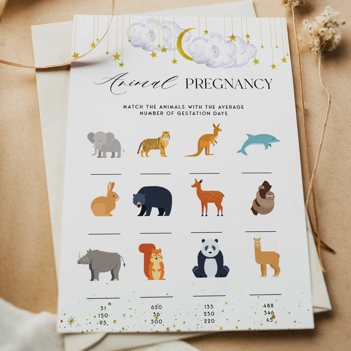 Fully editable and printable baby shower animal pregnancy game with a little star design. Perfect for a Twinkle Little Star baby shower themed party