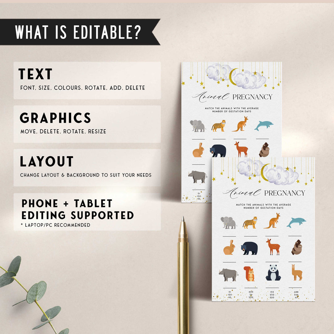 Fully editable and printable baby shower animal pregnancy game with a little star design. Perfect for a Twinkle Little Star baby shower themed party