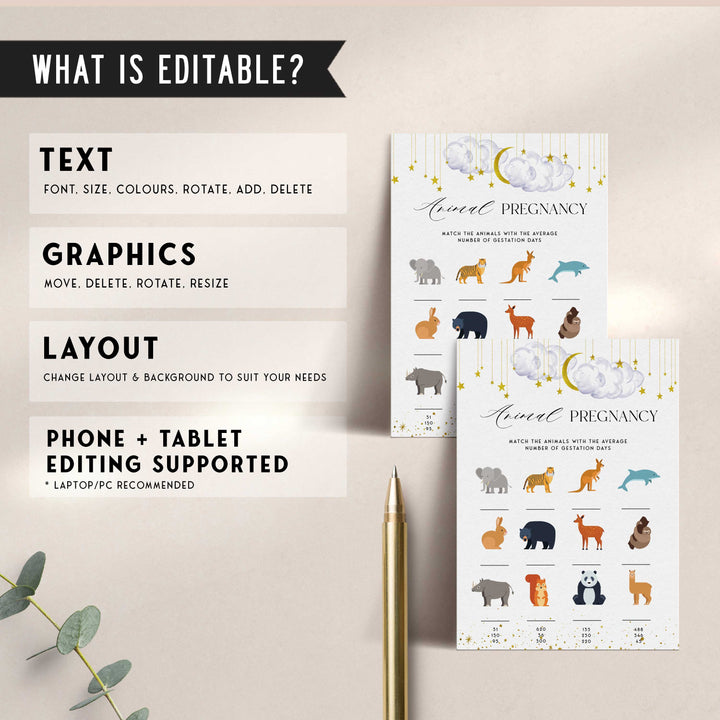 Fully editable and printable baby shower animal pregnancy game with a little star design. Perfect for a Twinkle Little Star baby shower themed party