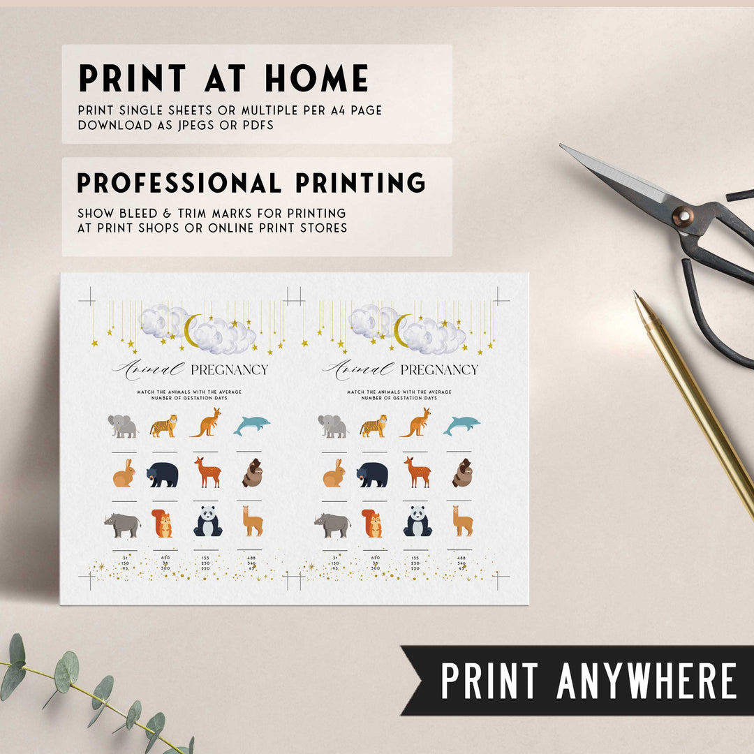 Fully editable and printable baby shower animal pregnancy game with a little star design. Perfect for a Twinkle Little Star baby shower themed party