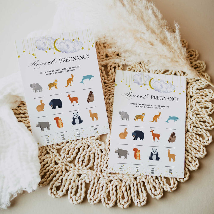 Fully editable and printable baby shower animal pregnancy game with a little star design. Perfect for a Twinkle Little Star baby shower themed party