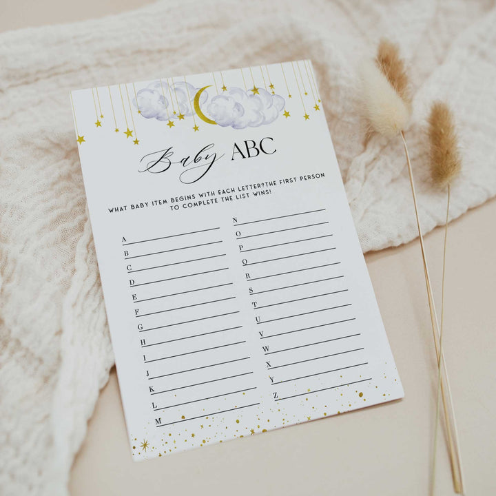 Fully editable and printable baby shower baby abc game with a little star design. Perfect for a Twinkle Little Star baby shower themed party