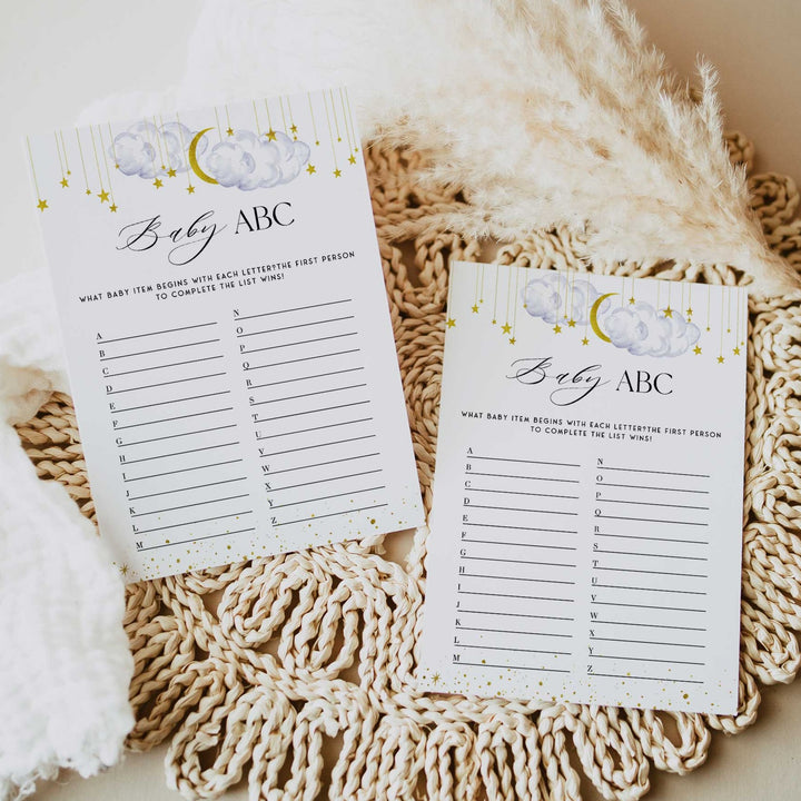 Fully editable and printable baby shower baby abc game with a little star design. Perfect for a Twinkle Little Star baby shower themed party