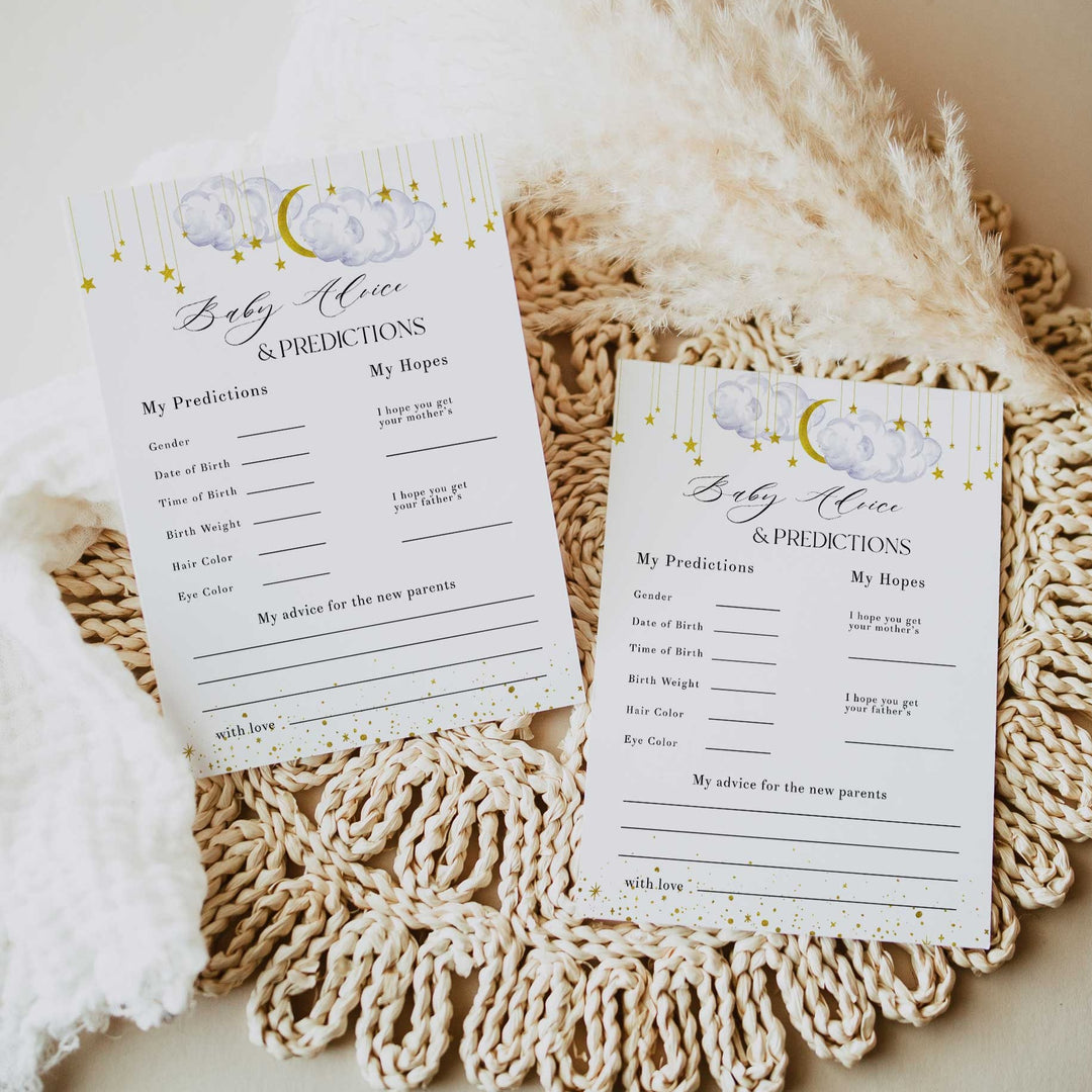 Fully editable and printable baby shower baby advice and predictions game with a little star design. Perfect for a Twinkle Little Star baby shower themed party