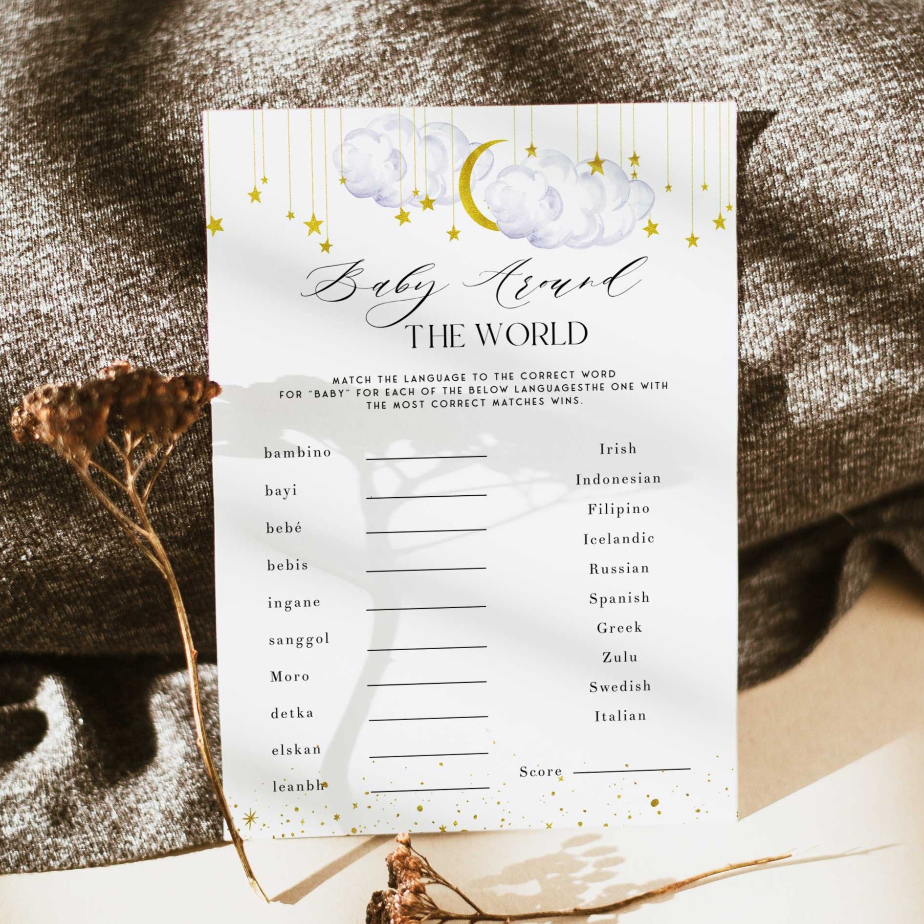Fully editable and printable baby shower baby around the world game with a little star design. Perfect for a Twinkle Little Star baby shower themed party