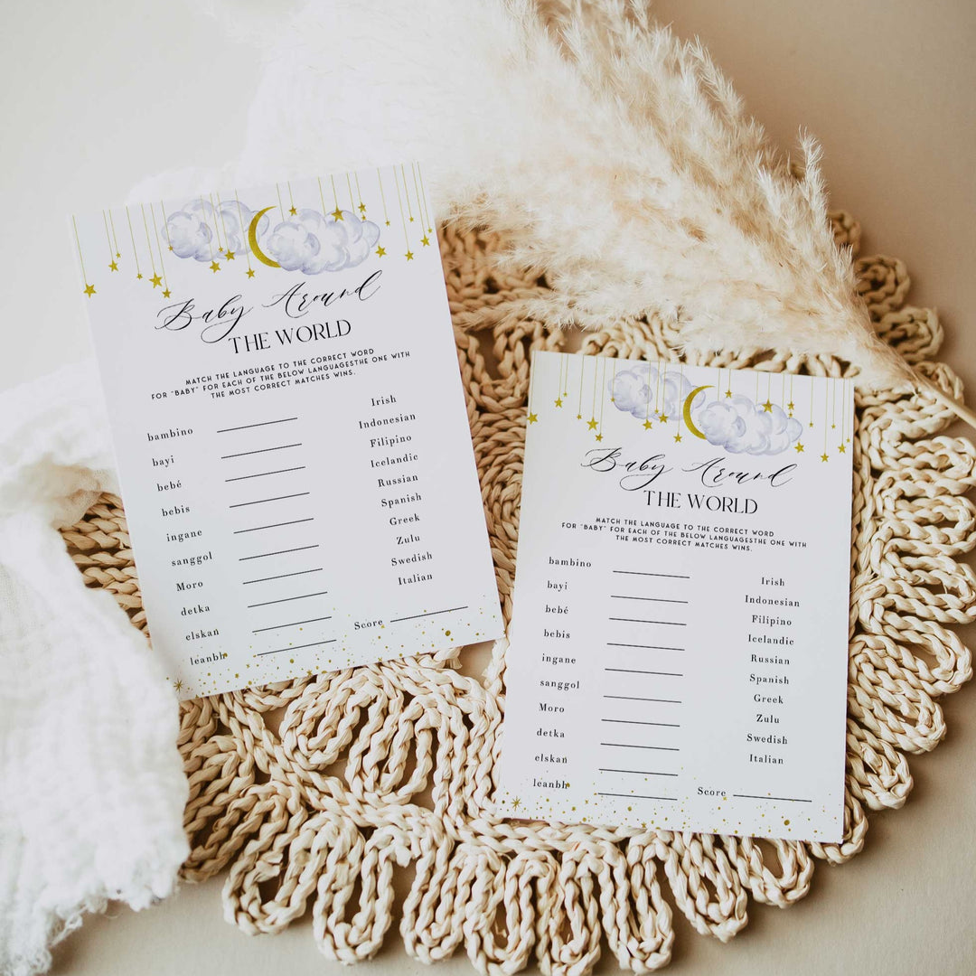 Fully editable and printable baby shower baby around the world game with a little star design. Perfect for a Twinkle Little Star baby shower themed party