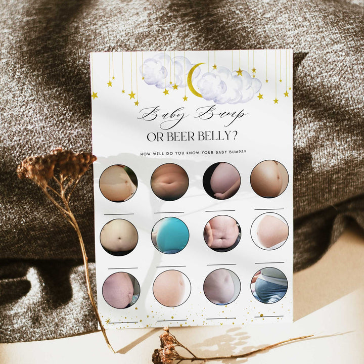Fully editable and printable baby shower baby bump or beer belly game with a little star design. Perfect for a Twinkle Little Star baby shower themed party