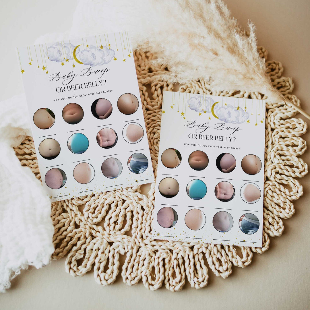 Fully editable and printable baby shower baby bump or beer belly game with a little star design. Perfect for a Twinkle Little Star baby shower themed party