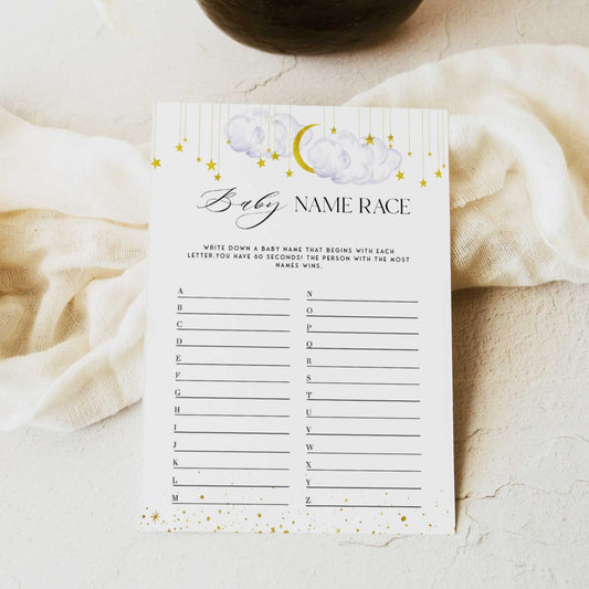 Fully editable and printable baby shower baby name race game with a little star design. Perfect for a Twinkle Little Star baby shower themed party