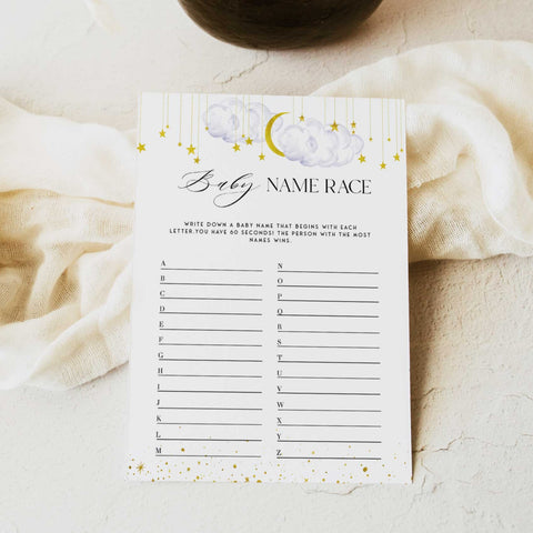 Fully editable and printable baby shower baby name race game with a little star design. Perfect for a Twinkle Little Star baby shower themed party