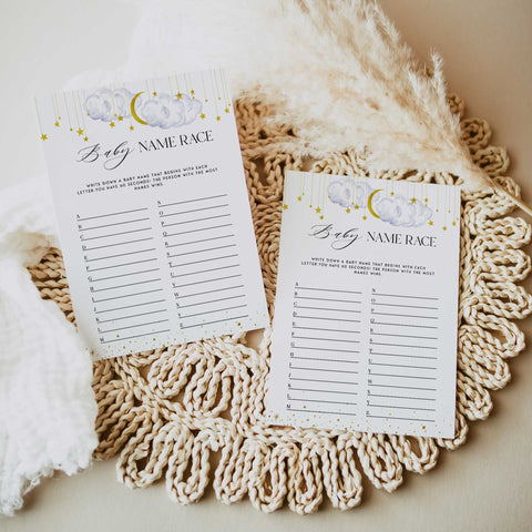 Fully editable and printable baby shower baby name race game with a little star design. Perfect for a Twinkle Little Star baby shower themed party