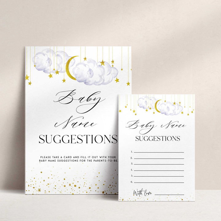 Fully editable and printable baby shower baby name suggestions game with a little star design. Perfect for a Twinkle Little Star baby shower themed party