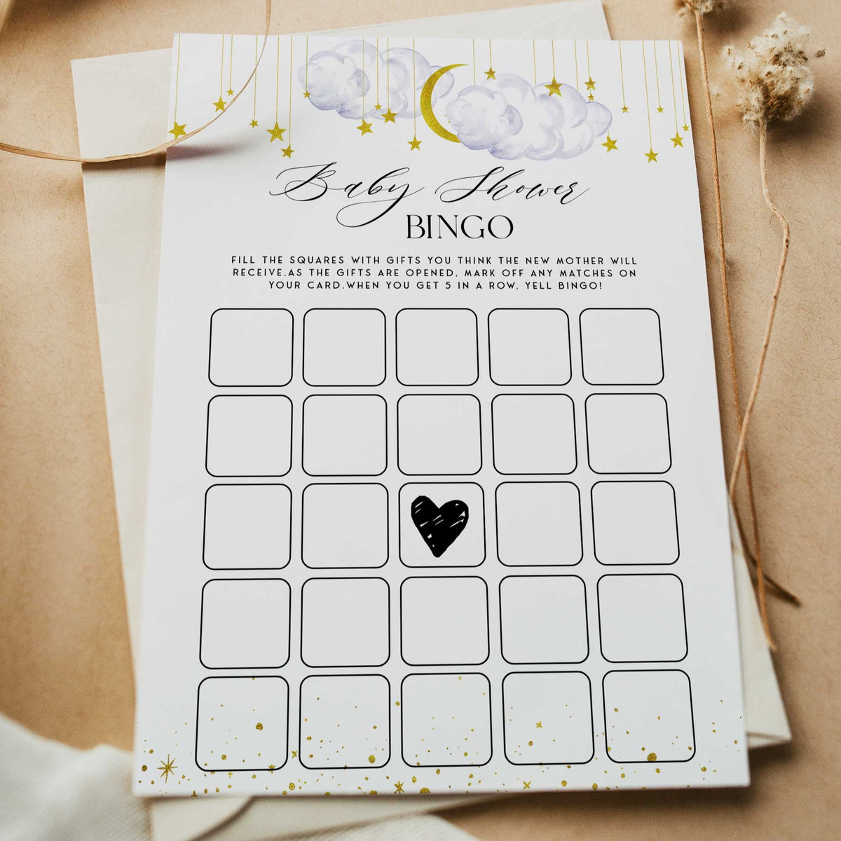 Fully editable and printable baby shower baby shower bingo game with a little star design. Perfect for a Twinkle Little Star baby shower themed party
