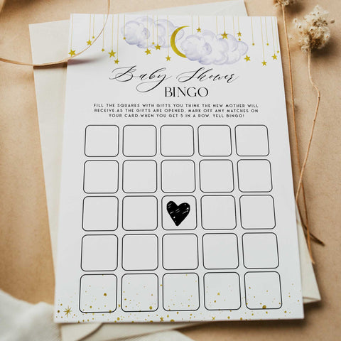 Fully editable and printable baby shower baby shower bingo game with a little star design. Perfect for a Twinkle Little Star baby shower themed party