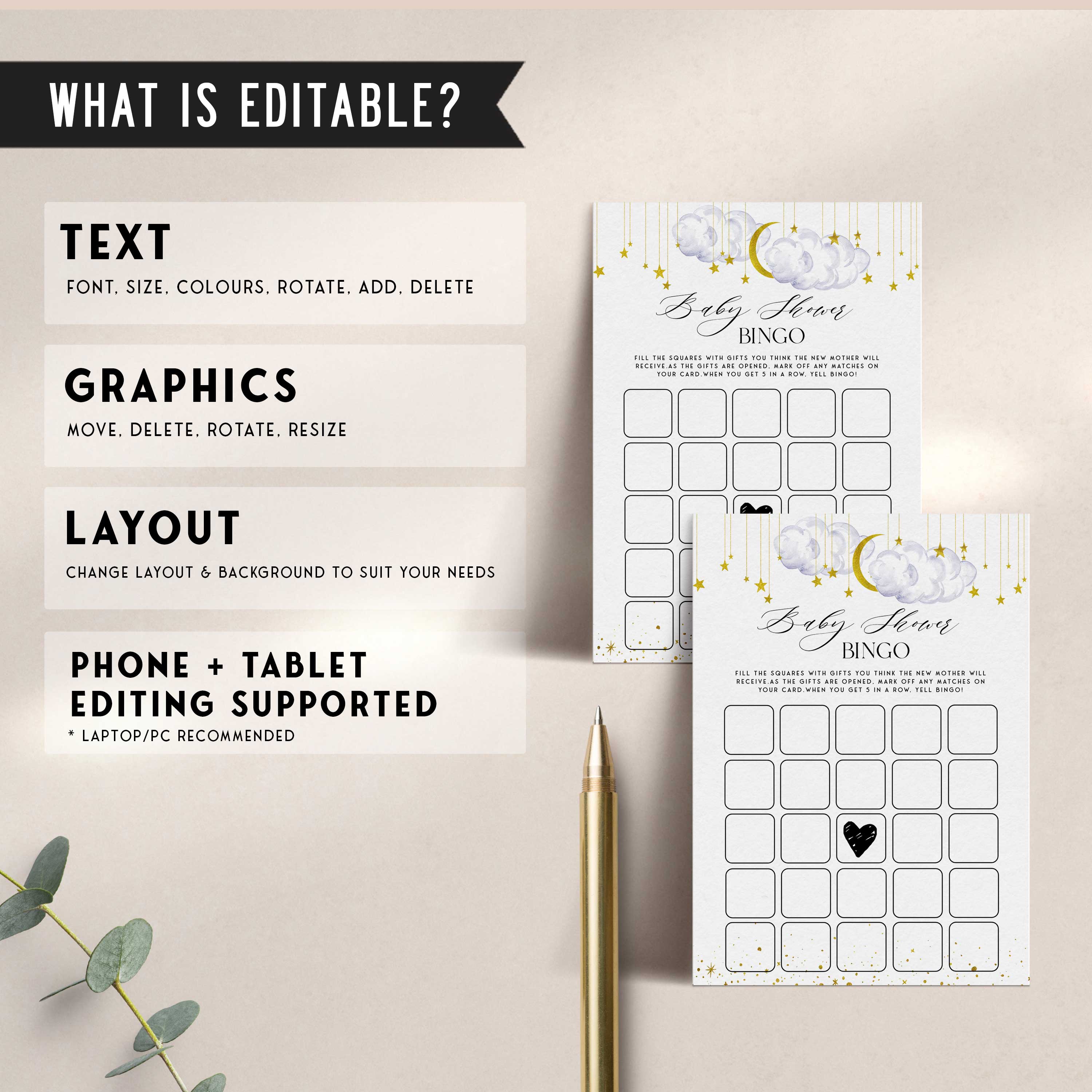 Fully editable and printable baby shower baby shower bingo game with a little star design. Perfect for a Twinkle Little Star baby shower themed party