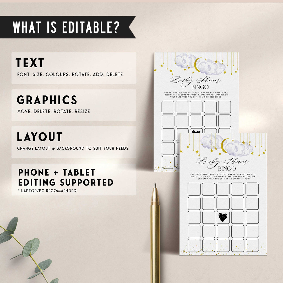 Fully editable and printable baby shower baby shower bingo game with a little star design. Perfect for a Twinkle Little Star baby shower themed party