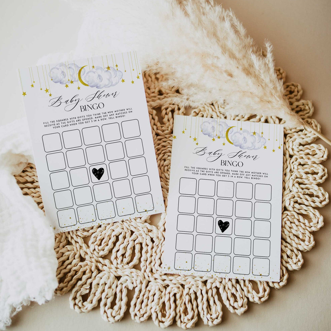Fully editable and printable baby shower baby shower bingo game with a little star design. Perfect for a Twinkle Little Star baby shower themed party
