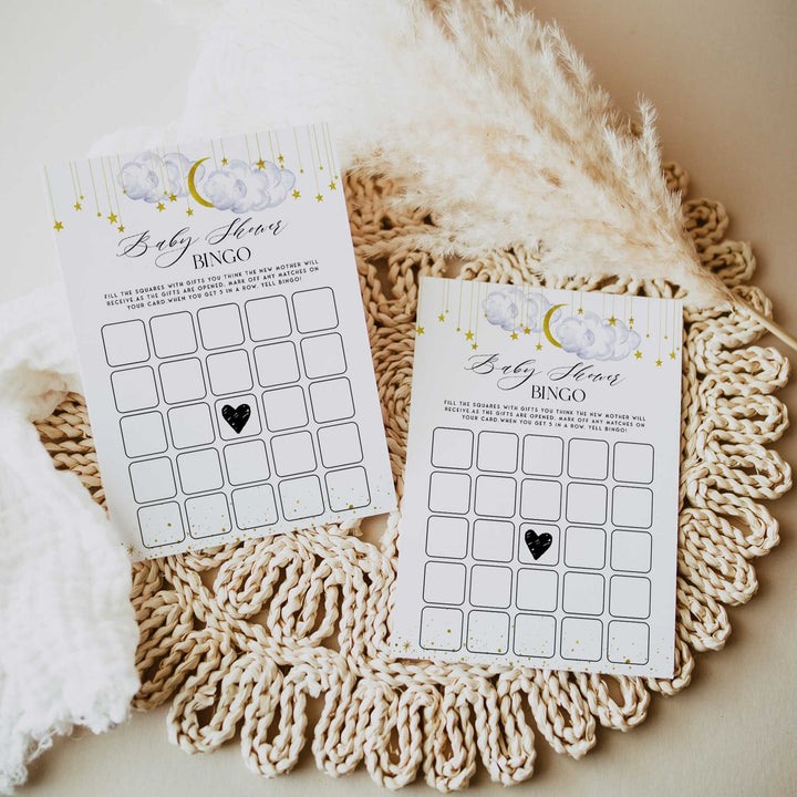 Fully editable and printable baby shower baby shower bingo game with a little star design. Perfect for a Twinkle Little Star baby shower themed party