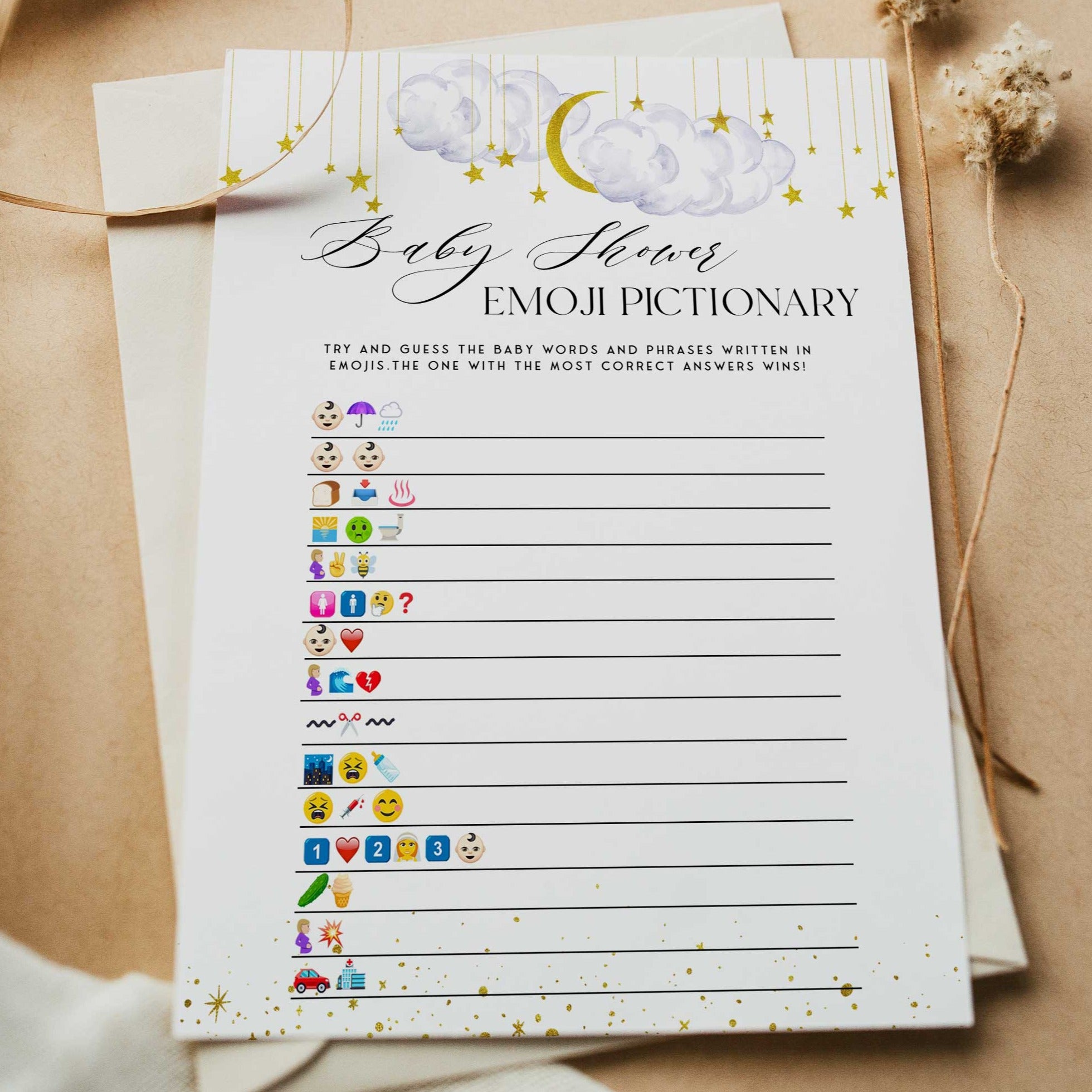 Fully editable and printable baby shower baby shower emoji pictionary game with a little star design. Perfect for a Twinkle Little Star baby shower themed party