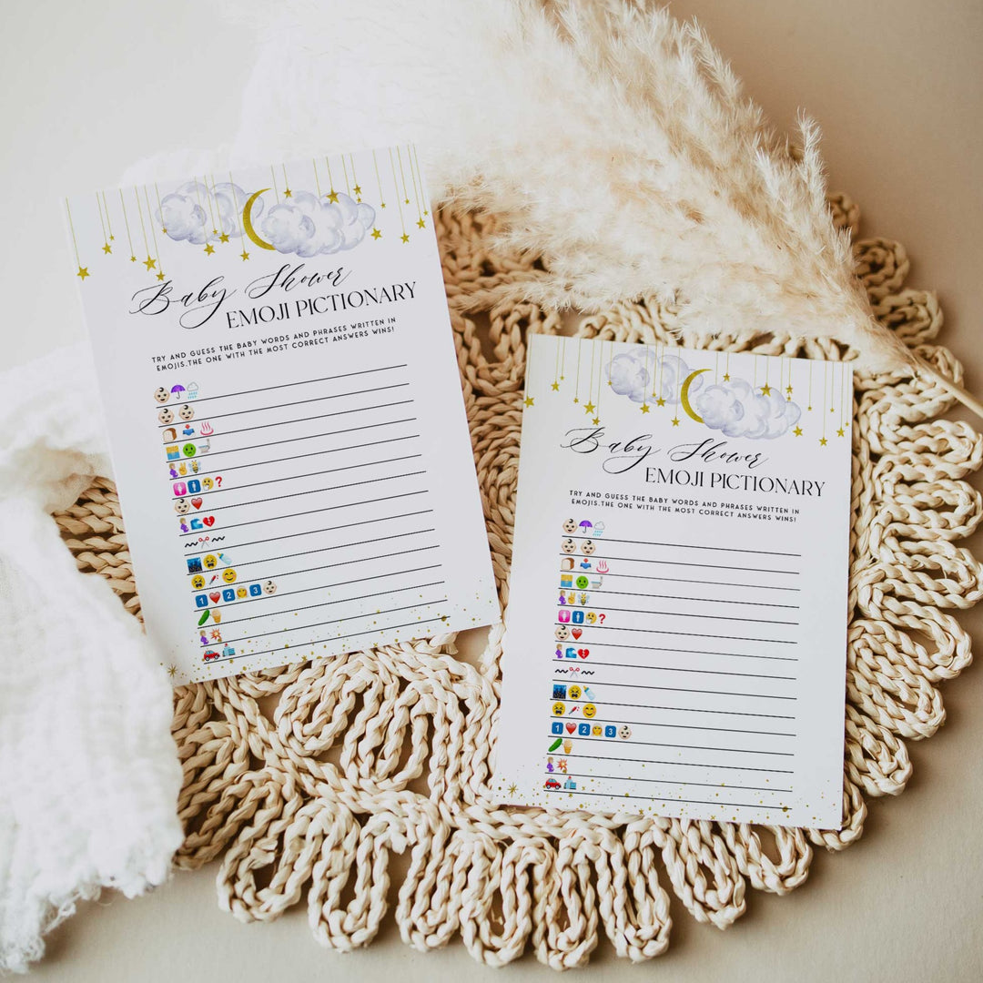 Fully editable and printable baby shower baby shower emoji pictionary game with a little star design. Perfect for a Twinkle Little Star baby shower themed party